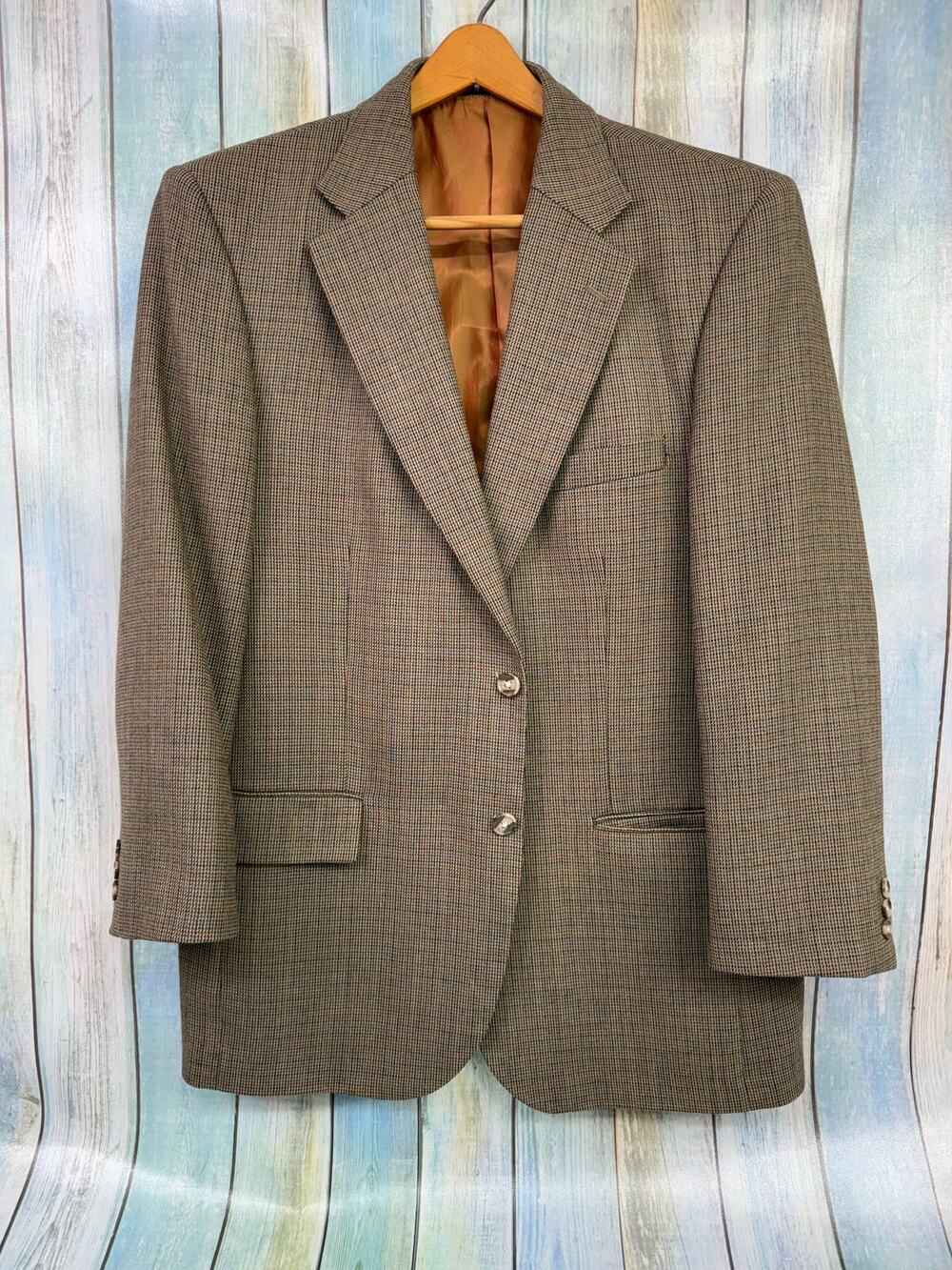 Alan Flusser Lambswool Blazer Jacket Size 42R Brown Tan Plaid Houndstooth